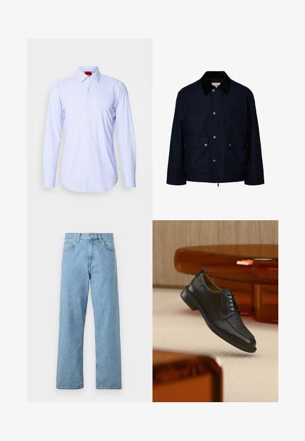 Marineblaue Jacke mit schwarzem Cordkragen, vorderen Druckknöpfen, Reißverschluss und zwei großen Klapptaschen mit Knöpfen.; Hellblau gemustertes Button-Down-Hemd mit langen Ärmeln und klassischem Kragen. Verfügt über kleine Quadrate und weiße Knöpfe. Glatte Stofftextur.; Helleblaue Jeans aus Denim mit geradem Bein, fünf Taschen, Knopf- und Reißverschluss sowie einem leicht ausgeblichenen Finish.; Schwarzer Leder-Schnürschuh mit texturierter Vorderseite, schwebend über beigem Teppich in einem modernen Raum mit bernsteinfarbenen Möbeln.