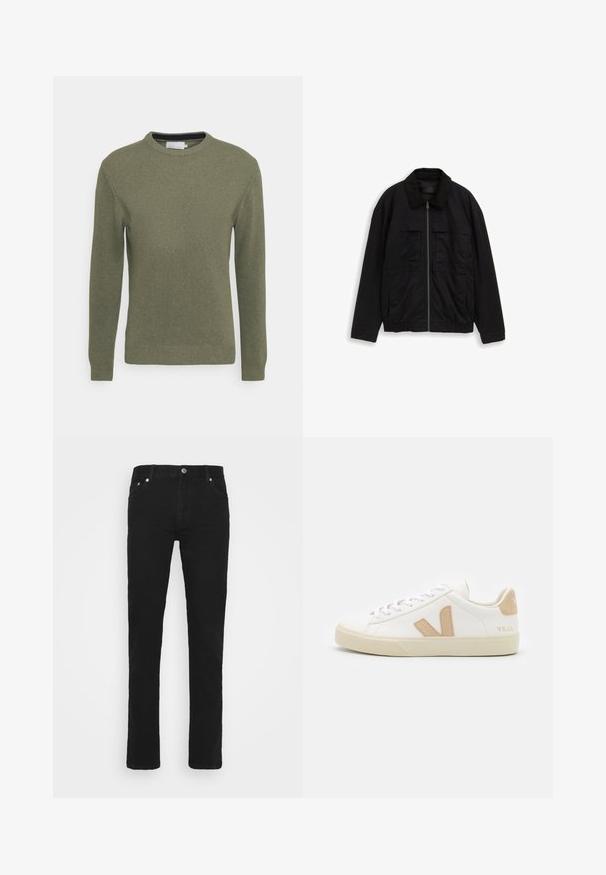 Sort lynlåstrøje med lange ærmer, to brystlommer, elastisk talje og en blød tekstureret krave.; Grøn crew-neck sweater lavet af et tekstureret strikkemateriale. Har lange ærmer samt ribbede manchetter og kant. Simpelt, udekoreret design.; Weekday FRIDAY - Jeans Slim Fit - black; Hvide sneakers med beige detaljer, glat lædermateriale, rund tå, flad gummisål og snørebånd foran med et logo på hælen.