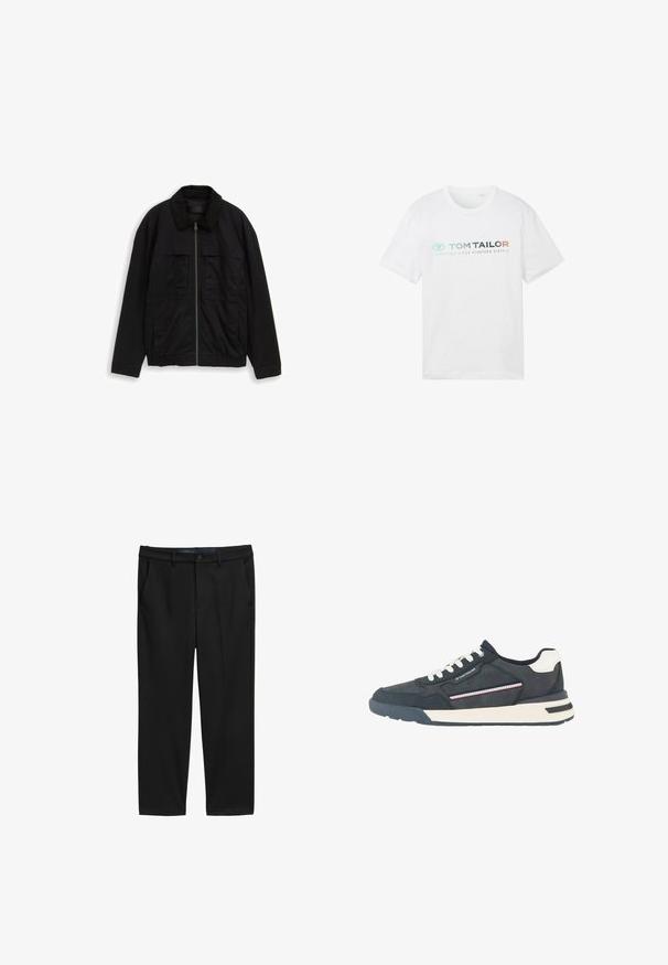 Chaqueta negra con cremallera, mangas largas, dos bolsillos en el pecho, cintura elástica y un collar de textura suave.; Camiseta de algodón blanca con cuello redondo, mangas cortas y estampado frontal: "TOM TAILOR" con "ESENCIALES DESDE MIL NOVECIENTOS SESENTA Y DOS."; Pantalones negros de corte recto, hechos de una tela texturizada. Presenta dos bolsillos frontales y un cierre de botón en la cintura.; Zapatilla deportiva para hombre en azul marino y blanco con cordones blancos, puntera perforada, detalle de rayas en el lateral y acento de marca en el panel lateral.