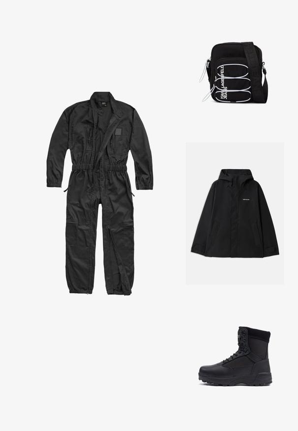 Veste noire imperméable avec capuche, manches longues, fermeture éclair avant et deux poches latérales. Texture lisse avec un design minimaliste.; Brandit BRANDIT HERREN EINSATZKOMBI - Combinaison - black; Botte tactique noire avec une tige en cuir lisse et des panneaux en tissu, design montante, fermeture à lacets à l'avant et semelle en caoutchouc robuste.; Sac bandoulière noir avec boucles élastiques blanches, tirettes de fermeture éclair, et texte blanc "KARL LAGERFELD JEANS" sur la poche avant.