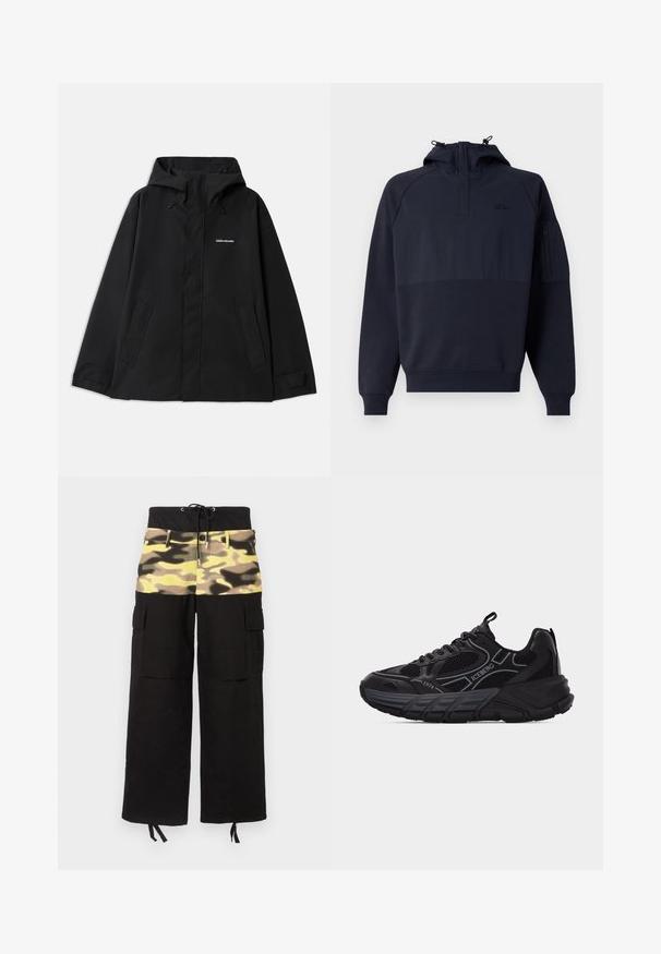 Sort vandtæt jakke med hætte, lange ærmer, lynlås foran og to sidelommer. Glat tekstur med et minimalistisk design.; Navyblå hættetrøje med halv lynlås, der har en kængurulomme og en lomme med lynlås på ærmet. Fremstillet i blødt, tekstureret stof.; Cargo bukser med et sort stof og en overdel med camouflage-mønster i nuancer af gul, grøn og brun; inkluderer justerbar talje.; Sort atletiksneaker med mesh- og læderdetaljer, tyk sål, "ICEBERG" og "1974" branding samt trækkapper på tunge og hæl.