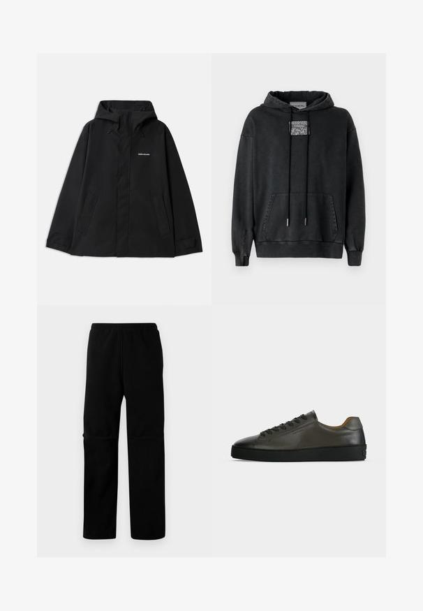 Zwarte waterdichte jas met een capuchon, lange mouwen, rits aan de voorkant en twee zijzakken. Made van een gladde stof met een minimalistisch ontwerp.; Iceberg Hoodie - nero; Zwarte fleece broek met een elastische tailleband en rechte pijpen. Gedeelte textuur zonder zichtbare patronen of hardware.; Donkergrijze leren lage sneaker met zwarte veters en zool, minimalistisch ontwerp, zijaanzicht op een effen lichte achtergrond.