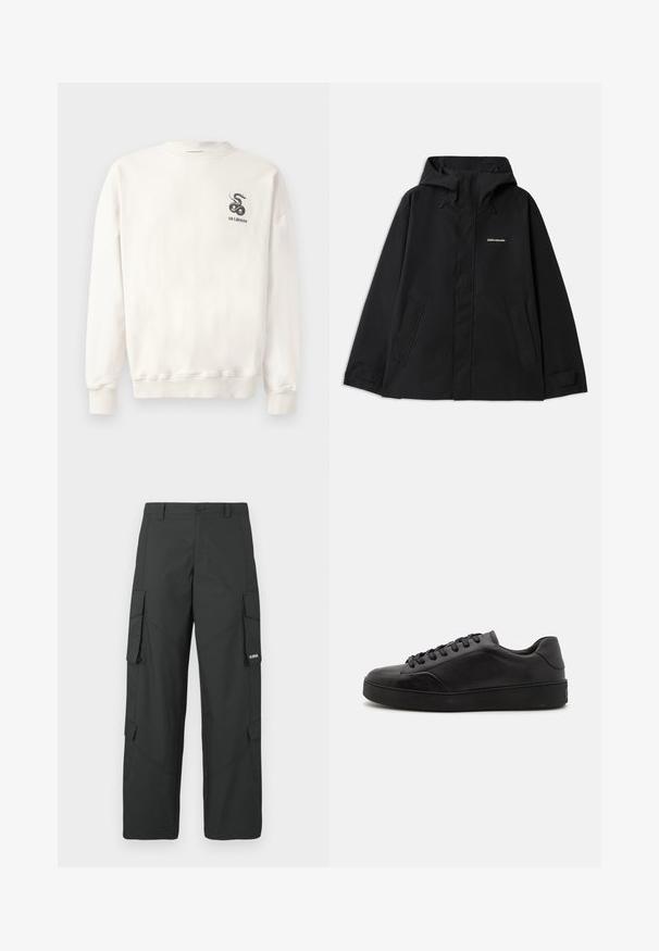 Sort vandtæt jakke med hætte, lange ærmer, lynlås foran og to sidelommer. Glat tekstur med et minimalistisk design.; Hvid bomulds sweatshirt med rund halsudskæring, ribbede mansjetter og kant, med et sort slangemotiv og teksten "HAN KJØBENHAVN" på brystet.; Sorte straight-leg cargo bukser med sidelommer med klap, knaplukning, bæltestropper og et lille hvidt logo på klappen af højre lomme.; Sorte lædersneakers med rund tå, flad sål og traditionel snøring. Har en glat tekstur og diskrete detaljer på siden.