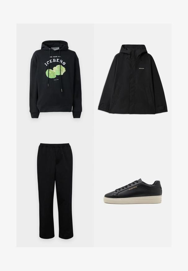 Zwarte waterdichte jas met een capuchon, lange mouwen, rits aan de voorkant en twee zijzakken. Made van een gladde stof met een minimalistisch ontwerp.; Zwart hoodie met trekkoord en voorop een grafisch ontwerp van een groene ijsbergsla. Bevat bedrukt tekst: "DE SMAAK VAN IJSSLA" en "Sinds 1974."; Zwarte, halflange broeken met een elastische tailleband. Gemaakt van een soepel stof, met een ontspannen pasvorm en zonder zichtbare zakken of versieringen.; Zwarte leren sneaker met een gladde afwerking, contrasterende crèmekleurige zool, ronde neus, gouden logo aan de zijkant en zes gaatjes voor veters.