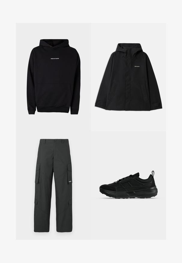 Schwarze wasserdichte Jacke mit Kapuze, langen Ärmeln, vorderem Reißverschluss und zwei Seitentaschen. Glatte Textur mit minimalistischen Design.; Schwarzer Kapuzenpullover mit einer Vordertasche und weißem "VISION OF SUPER"-Text auf der Brust. Hergestellt aus weichem Stoff mit gerippten Bündchen.; Schwarze gerade Cargo-Hosen mit seitlichen Klappentaschen, Druckknopfverschluss, Gürtelschlaufen und kleinem weißen Logo auf der Klappentasche rechts.; Schwarzer sportlicher Sneaker mit Mesh- und synthetischem Obermaterial, Schnürverschluss, gepolstertem Kragen und dicker Gummisohle, seitlich dargestellt.