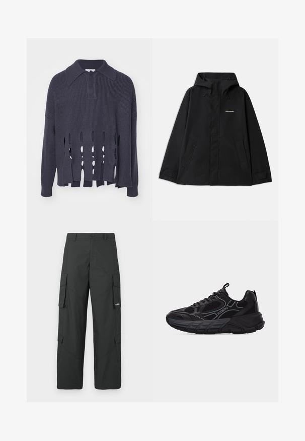 Sort vandtæt jakke med hætte, lange ærmer, lynlås foran og to sidelommer. Glat tekstur med et minimalistisk design.; Mørkeblå strikket sweater med åbne vandrette inderkanter i kanten, ribbet krave og manchetter. Har en afslappet pasform og struktureret materiale.; Sorte straight-leg cargo bukser med sidelommer med klap, knaplukning, bæltestropper og et lille hvidt logo på klappen af højre lomme.; Sort atletiksneaker med mesh- og læderdetaljer, tyk sål, "ICEBERG" og "1974" branding samt trækkapper på tunge og hæl.