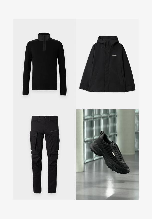 Sort vandtæt jakke med hætte, lange ærmer, lynlås foran og to sidelommer. Glat tekstur med et minimalistisk design.; Sort sweater med høj krave og lynlås i kvart længde. Har glat stof og kontrasterende teksturerede skulderpaneler.; Sorte cargo bukser lavet af slidstærkt stof, med flere sidelommer, en lynlåslomme, tapered ben og forstærkede sømme.; Sort sportssko med netpaneler på siden og tyk sål, der svæver indendørs nær glasblokke og søjler på en glat gulv.