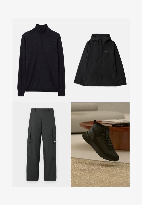Sort vandtæt jakke med hætte, lange ærmer, lynlås foran og to sidelommer. Glat tekstur med et minimalistisk design.; Sort langærmet sweater med ribbet høj krave og halv lynlås, med et subtilt logo på venstre bryst.; Sorte straight-leg cargo bukser med sidelommer med klap, knaplukning, bæltestropper og et lille hvidt logo på klappen af højre lomme.; Sort høj-top sneaker med snørebånd, der svæver over beige tæppe, træ rundt bord med stabler af bøger i et lyst, moderne opholdsrum.