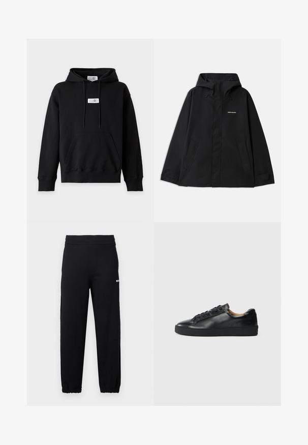 Veste noire imperméable avec capuche, manches longues, fermeture éclair avant et deux poches latérales. Texture lisse avec un design minimaliste.; Sweat à capuche noir avec poche kangourou sur le devant, cordon de serrage à la capuche et étiquette rectangulaire blanche avec des chiffres centrés sur la poitrine et à l'intérieur du col.; Pantalon de survêtement noir avec taille et poignets élastiques, arborant un petit logo blanc sur la partie supérieure de la cuisse gauche.; Baskets en cuir noir avec une texture lisse, bout rond et fermeture à lacets. Comprend une semelle en caoutchouc épaisse et un minimum de détails de marque.