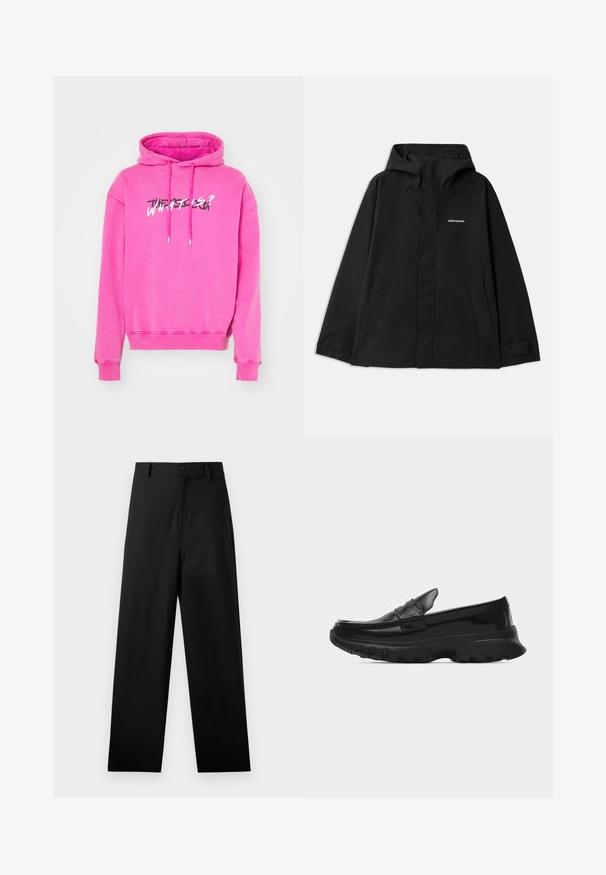Veste noire imperméable avec capuche, manches longues, fermeture éclair avant et deux poches latérales. Texture lisse avec un design minimaliste.; Sweat à capuche rose avec cordon de serrage, poignets côtelés et impression graphique sur le devant qui affiche "QUE SE PASSE-T-IL ?" en couleurs contrastées.; Pantalons noirs en coton avec une coupe droite, dotés d'une fermeture à bouton à l'avant et de poches latérales. Texture lisse, sans motifs.; Mocassin noir brillant avec semelle épaisse texturée et détails cousus, profil latéral sur fond gris clair uni.