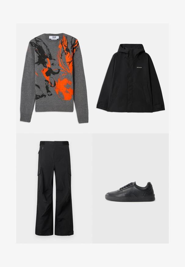 Sort vandtæt jakke med hætte, lange ærmer, lynlås foran og to sidelommer. Glat tekstur med et minimalistisk design.; Grå strikket sweater med et kontrasterende orange og sort abstrakt design. Rund hals og ribbede manchetter og kant. Blød tekstur.; Sorte cargo-bukser lavet af et glat, vandafvisende stof. Har brede ben, flere sidelommer og en flad talje med diskret branding.; Sorte lædersneakers med en glat finish, rund tå, struktureret sidelæder og sorte snørebånd. Har en flad gummisål og et minimalistisk design.