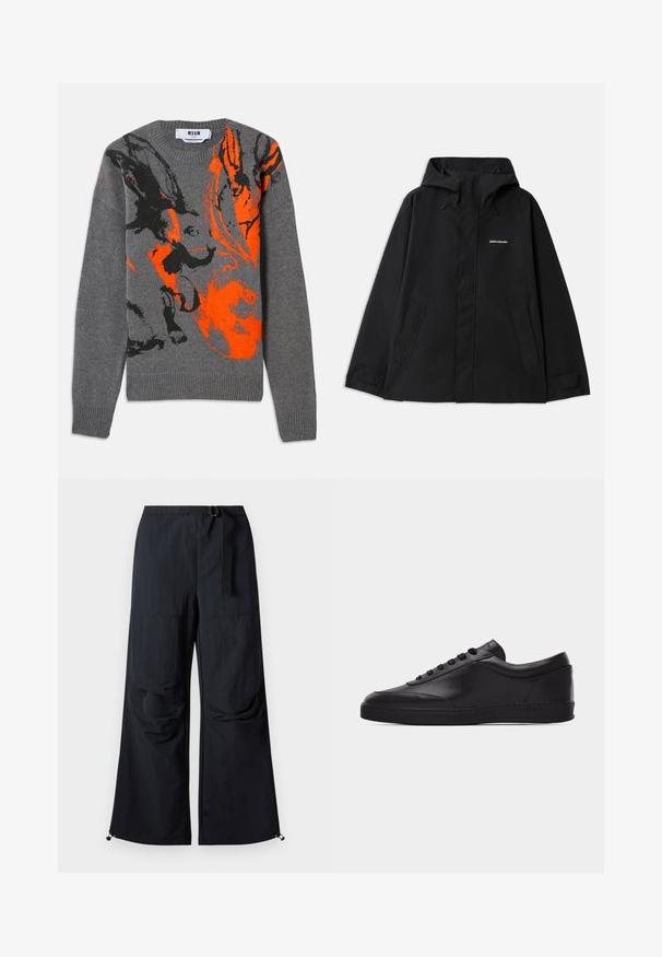 Veste noire imperméable avec capuche, manches longues, fermeture éclair avant et deux poches latérales. Texture lisse avec un design minimaliste.; Pull en tricot gris avec un design abstrait contrasté en orange et noir. Encolure ronde et poignets et ourlet côtelés. Texture douce.; Pantalon noir à jambes larges en tissu léger. Dispose d'une ceinture, de deux grandes poches latérales et d'ourlets ajustables avec fermetures à cordon.; Baskets basses en cuir noir avec lacets sur le devant et semelle en caoutchouc plate, vues de côté sur un fond blanc uni.