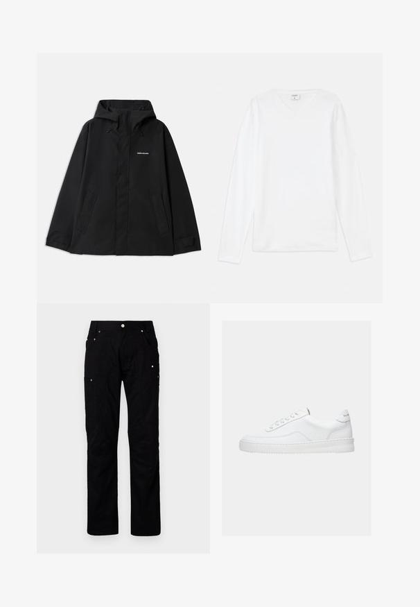 Sort vandtæt jakke med hætte, lange ærmer, lynlås foran og to sidelommer. Glat tekstur med et minimalistisk design.; Hvid langærmet T-shirt med V-udskæring, lavet af blødt materiale, med en afslappet pasform og sideslids for nem bevægelse.; Sorte cargo-bukser lavet af slidstærkt stof med flere lommer, forstærket syning og metalaccenter for forbedret funktionalitet.; Hvid lavt sneaker med snørelukning, glat læderoverdel og tyk sål, vist fra siden på en ensfarvet baggrund.