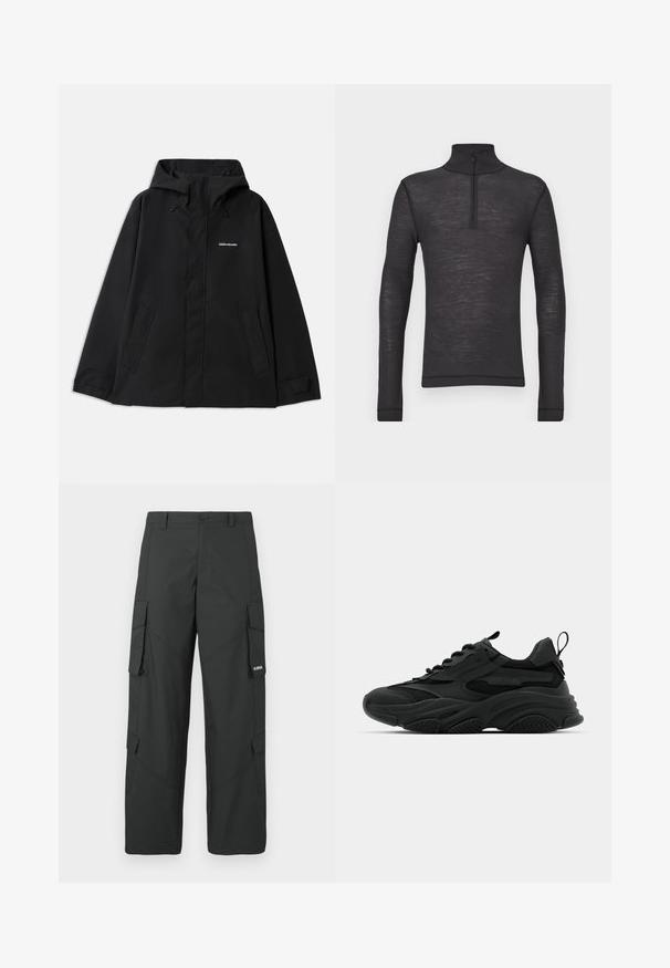 Zwarte waterdichte jas met een capuchon, lange mouwen, rits aan de voorkant en twee zijzakken. Made van een gladde stof met een minimalistisch ontwerp.; Zwarte lange mouwen turtleneck shirt gemaakt van een gestructureerde stof, met een halve rits bij de kraag en aansluitende mouwen.; Zwarte cargo broek met rechte pijpen, zijflapzakken, knoopsluiting, riemlussen en een klein wit logo op de flap van de rechterzak.; Zwarte sportieve sneakers met een chunky zool, mesh panelen en rubberen accenten. Voorzien van een trekband aan de hak en gestructureerde patronen.