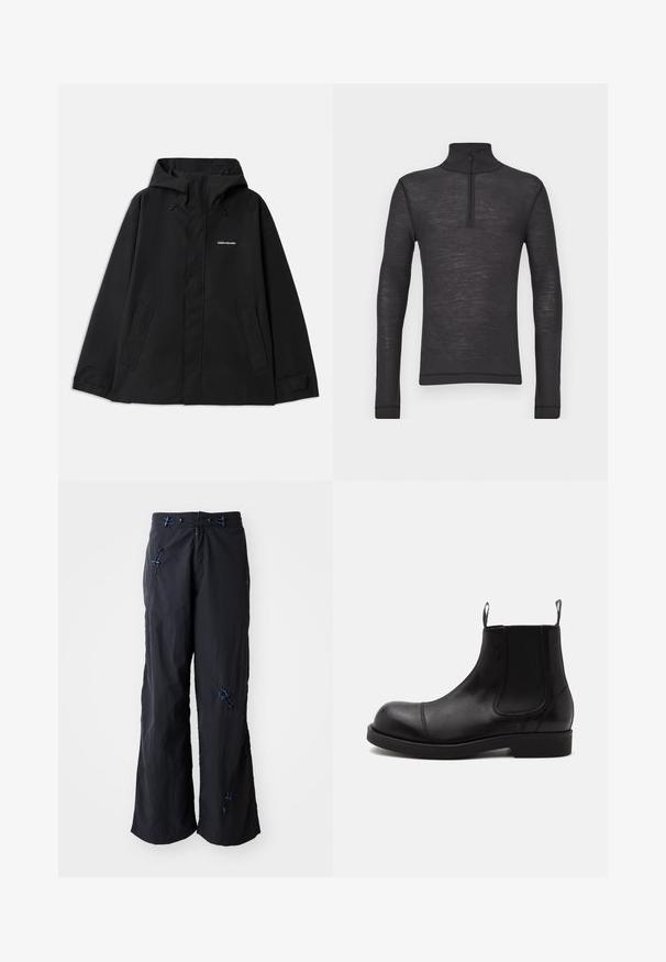 Sort vandtæt jakke med hætte, lange ærmer, lynlås foran og to sidelommer. Glat tekstur med et minimalistisk design.; Sorte langærmede turtleneck skjorte lavet af et tekstureret stof, med en halvlåzipper ved kraven og tætsiddende ærmer.; Sorte, lette bukser med vidde og struktureret overflade. Har blå detaljer og justerbare toggles. Lynlåslukning.; Sort læder Chelsea-støvle med rund tå, elastiske sidepaneler, stropper foran og bagpå, flad sål, vist fra siden på hvid baggrund.