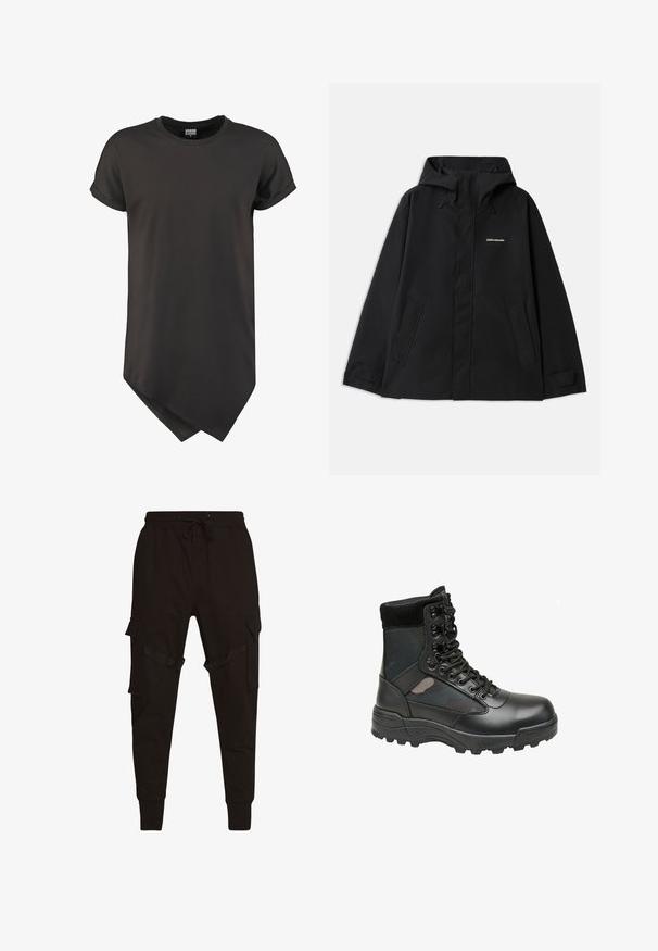 Sort vandtæt jakke med hætte, lange ærmer, lynlås foran og to sidelommer. Glat tekstur med et minimalistisk design.; Sort kortærmet T-shirt lavet af glat stof, med en buet kant og en afslappet pasform med oprullede ærmer.; Sort cargo-bukser med snøre i taljen, sidelommer og strukturerede detaljer på cargo-lommerne og stropperne. Tætsiddende manchetter ved anklerne.; Sort militærstil støvle med læderoverdel, stofpaneler, snørebånd foran og robust gummisål for godt fodfæste. Forstærket tå og ankelsupport.