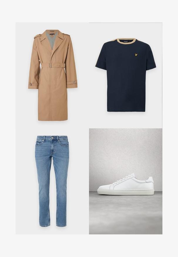 Beige trenchcoat met brede revers, ceintuur in de taille en manchetten, schouderepauletten en grijs geruite binnenvoering.; Marineblauwe t-shirt van katoen met een ronde halslijn en korte mouwen. Heeft een tan-kleurige bies en een klein, goud geborduurd logo.; Blauwe rechte spijkerbroek met voorzakken, riemlussen en een knopen sluiting.; Witte sneaker met een gladlederen bovenwerk en een laag profiel. Voorzien van een ronde neus, zes vetergaatjes en een gestructureerde rubberen zool.
