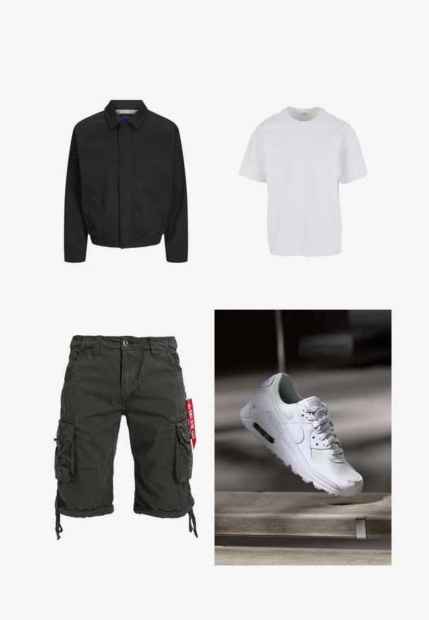 Chaqueta ligera negra con cuello tipo camisón, cierre frontal de botones, cintura elástica y bolsillos laterales. Tela mate suave con un forro a cuadros.; Camiseta blanca de manga corta hecha de algodón suave, con un cuello redondo y un corte relajado con dobladillo recto. Sin patrones ni acentos visibles.; Bermudas cargo de color verde oscuro fabricadas con tejido resistente, que cuentan con múltiples bolsillos laterales, un dobladillo con cordón y un acento de etiqueta roja.; Zapatilla Nike Air Max 90 blanca con parte superior de malla y cuero, caja de puntera perforada y unidad de aire visible en el talón.