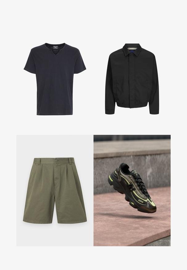 Sort letvægtsjakke med krave, frontlukning med knapper, elastisk talje og sidelommer. Glat mat stof med ternet foer.; Sort T-shirt med korte ærmer og V-formet hak i kraven med et enkelt, udekoreret design, vist på hvid baggrund.; Knee-lange shorts i olivengrønt bomuld med frontplisser, bæltestropper, sidelommer, knap- og lynlåslukning.; Sort og gul New Balance 1000-sneaker svævende over en lyserød stensurface med en grå stenvæg i baggrunden.