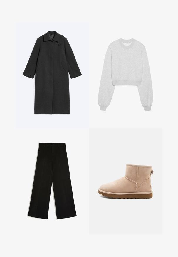 Long manteau en laine noire avec col à revers, poches latérales et un seul bouton en haut, présenté sur fond blanc.; Sweatshirt cropped en tissu gris clair, avec des manches longues, un col rond, des poignets côtelés et une texture subtile.; Pantalon noir à jambes larges avec passants de ceinture, fermeture devant par bouton et zip, posé à plat sur fond blanc.; Bottine en daim beige à bout arrondi, avec des accents cousus et une semelle en caoutchouc brun texturé. Elle se distingue par une languette à l'arrière.