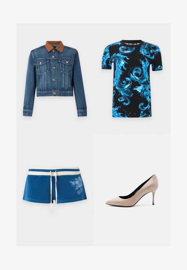 Veste en denim avec col marron, boutons dorés sur le devant et sur les poches poitrine, manches longues et taille cintrée.; T-shirt noir à manches courtes avec des motifs bleus tourbillonnants de style baroque et le texte "Versace Jeans Couture" sur le devant et les manches.; Short en tissu éponge bleu avec des bandes blanches à la taille, lien de serrage et imprimé floral bleu clair sur le côté droit.; Chaussure à talon haut pointu en cuir verni beige avec talon aiguille fin et doublure intérieure noire sur fond blanc.