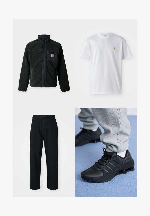 Tmavozelená fleece bunda s celoprepínacím zipsom, stojacím golierom, náprsným vreckom na zips s logom a dvoma bočnými vreckami na zips.; Biele bavlnené tričko s krátkymi rukávmi, okrúhlym výstrihom, s malým zlatým logom na ľavej strane hrude. Mäkká textúra a normálny strih.; Čierne denimové nohavice so strihom rovných nohavíc. Majú klasický dizajn s piatimi vreckami, gombíkovým zapínaním a jemnou textúrou látky.; Osoba v čiernych teniskách Nike Shox a šedých teplákoch stojí na svetlomodrom koberci.