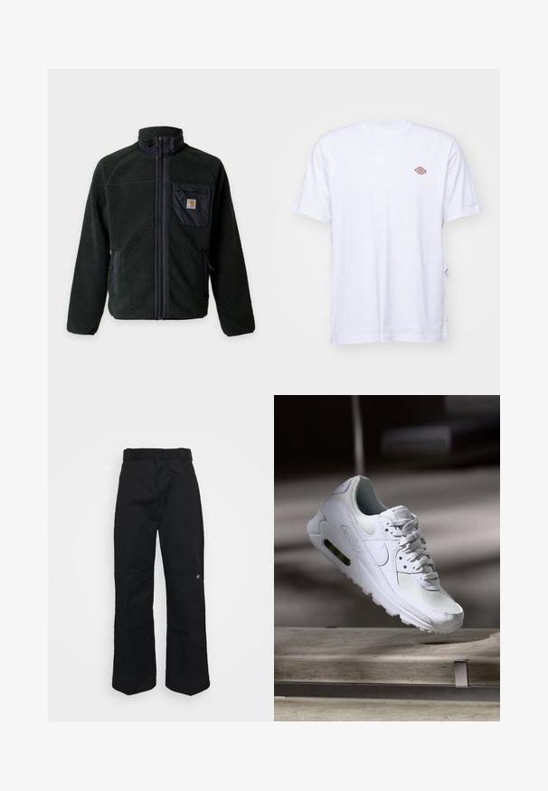 Dunkelgrüne Fleecejacke mit durchgehendem Frontreißverschluss, Stehkragen, einer Reißverschlusstasche auf der Brust mit Logo und zwei seitlichen Reißverschlusstaschen.; Weißes Baumwoll-T-Shirt mit V-Ausschnitt und kurzen Ärmeln. Besitzt ein kleines, buntes, gesticktes Logo auf der linken Brustseite. Weiches Material.; Schwarze Hosen aus stabilem Stoff mit geradem Bein, Bundschlaufen und einem kleinen Logo an der unteren Seite.; Weiße Nike Air Max 90 Sneaker mit einem Obermaterial aus Mesh und Leder, durchlässigem Zehenbereich und einer sichtbaren Air-Einheit in der Ferse.