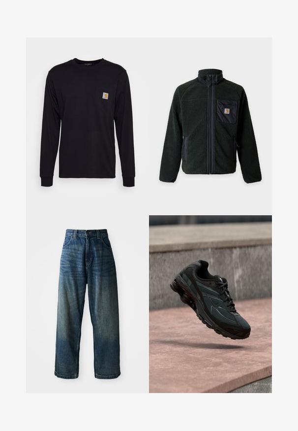 Tmavozelená fleece bunda s celoprepínacím zipsom, stojacím golierom, náprsným vreckom na zips s logom a dvoma bočnými vreckami na zips.; Čierna dlhá rukávová košeľa vyrobená z bavlny. Má náprsné vrecko so štvorcovou šedou nálepkou a oranžovým logom. Jednoduchý dizajn v jednofarbovej farbe.; Džínsové nohavice s širokými nohavicami v modrej farbe so zosvetleným povrchom. Obsahujú päť vreciek, zapínanie na gombík a kontrastné prešívanie. Tkanina je ťažká.; Čierna atletická teniska s viditeľnou medzipodrážkou s air cushioning, ktorá visí nad ružovým kamenným povrchom s pozadím sivej kamennej steny.