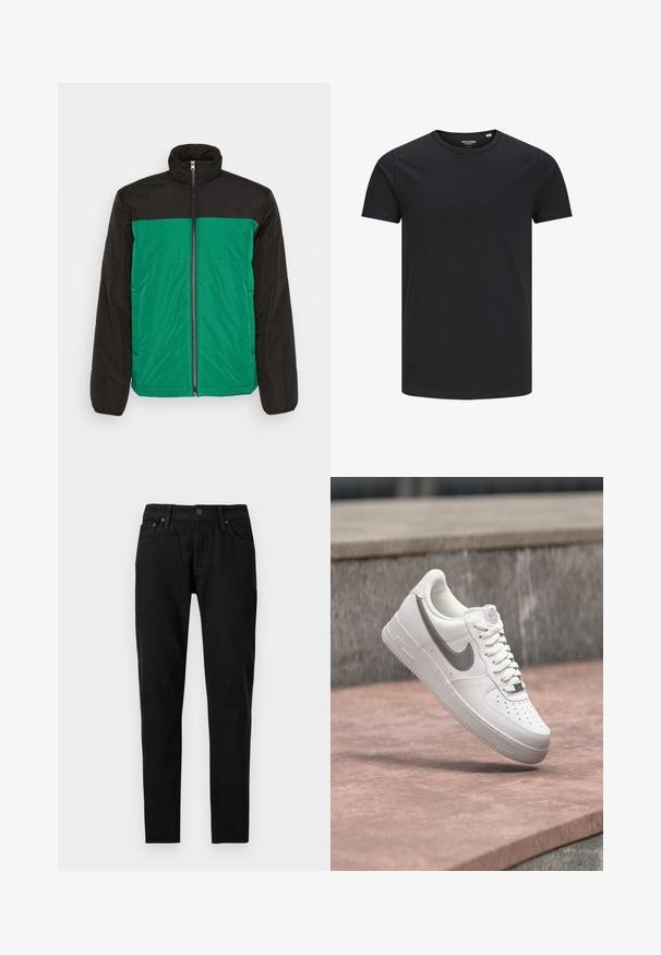 Only & Sons ONSMELVIN LIFE LIGHT JACKET - Letná bunda - black/verdant green; Čierne bavlnené tričko s okrúhlym výstrihom, krátkymi rukávmi a jednoduchým dizajnom. Hladký povrch, bez vzorov alebo viditeľného hardvéru.; Čierne slim-fit džínsy s predným zapínaním na gombík a zips, pútkami na opasok a dvoma prednými vreckami viditeľnými na bielom pozadí.; Biela teniska Nike Air Force 1 so sivým logom swoosh, ktorá visí nad kamenným povrchom a sivou kamennou stenou v pozadí.