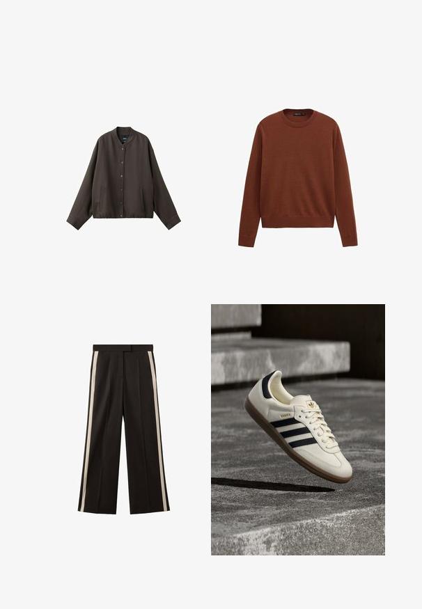 Veste boutonnée marron foncé à manches longues, col rond, avec deux poches avant, présentée sur fond blanc.; Pull marron à manches longues avec col rond, poignets et ourlet côtelés, présenté sur un fond blanc.; Pantalon noir à jambes larges avec deux bandes verticales crème sur les côtés. Confectionné dans un tissu lisse avec une ceinture ajustée.; Baskets blanches Adidas Samba avec des bandes noires et une semelle en gomme, flottant au-dessus de marches en béton gris texturé.