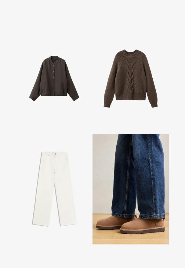 Veste boutonnée marron foncé à manches longues, col rond, avec deux poches avant, présentée sur fond blanc.; Pull en tricot marron avec un col rond, des manches longues et un motif en torsades sur le devant. Ourlets et poignets côtelés.; Jean blanc taille haute, jambes droites, avec poches avant et fermeture à bouton sur fond blanc.; Bottines en daim marron avec une semelle plate, un bout arrondi et une petite languette, associées à un jean en denim bleu de coupe droite.