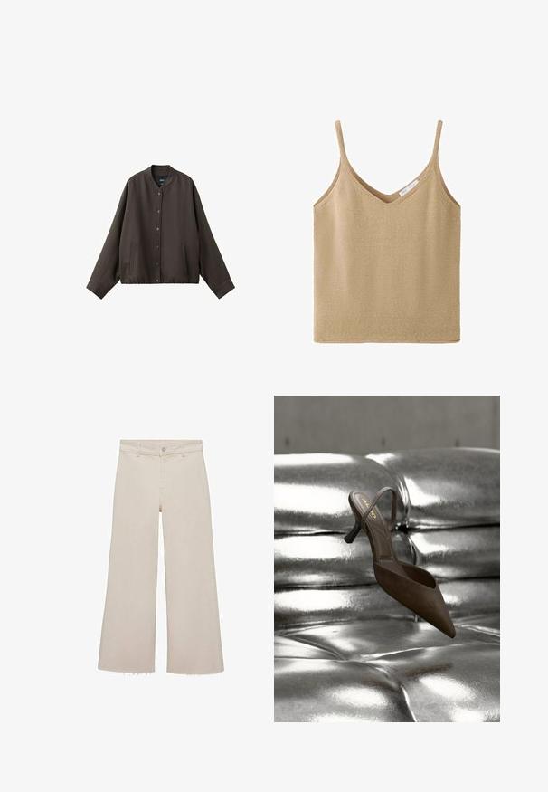 Mørkebrun knap-op jakke med lange ærmer, rund halsudskæring og to lommer foran, vist på en hvid baggrund.; Beige strikket ærmeløs tanktop med tynde stropper og V-halsudskæring, med en lille hvid mærkeetiket inde i nakken.; Beige brede jeans med høj talje, lavet af denimstof. Har en rå kant forneden samt en frontknap og lynlås lukning.; Brun spids tå sko med en tynd rem, lavet af ruskind, med en lille blokhæl. Placeret mod en skinnende metalsurface.