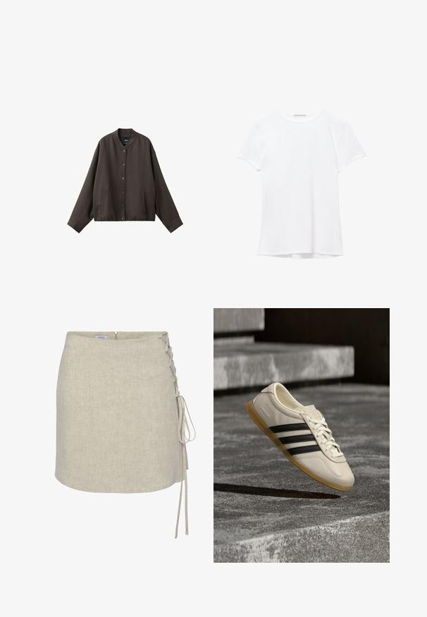 Donkerbruine jas met knopen, lange mouwen, ronde hals en twee voorzakken, weergegeven op een witte achtergrond.; Witte short-sleeve t-shirt van gladde stof, met een ronde halslijn en subtiele stiksels bij de zoom.; Beige linnen wikkelrok met een lacing-detail aan de linkerzijde, een rechte snit en een ritssluiting aan de achterkant. Soepele, gestructureerde stof.; Witte sneaker met zwarte strepen en rubberen zool zwevend boven betonnen trap in zacht daglicht.