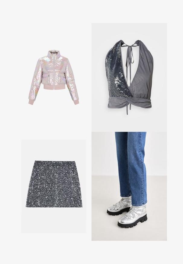 Veste rembourrée irisée, courte, avec un col haut, une fermeture éclair à l'avant et deux poches poitrine. Texture douce et rembourrée avec des poignets côtelés.; Top à col halter en tissu gris avec un décolleté en V profond. Un côté présente des sequins noirs, tandis que l'autre est lisse avec un détail noué dans le dos.; Mini-jupe en sequins argentés avec un motif texturé et une coupe droite. Le tissu semble brillant et réfléchissant.; Bottines argentées métalliques avec une semelle noire robuste, présentant un dessus rembourré et des lacets, associées à un jean droit bleu.