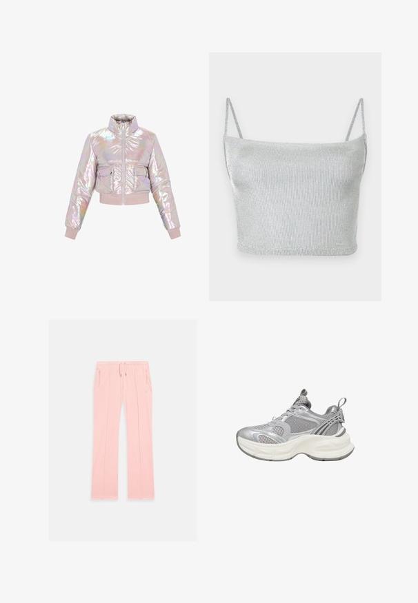 Afskåret, iriserende pufferjakke med høj krave, frontlynlås og to brystlommer. Blød, polstret tekstur med ribbede manchetter.; Sølvmetallic strikket cropped top med tynde justerbare stropper. Tætsiddende design og glat tekstur. Ingen mønstre eller synlige hardware-detaljer.; Lyserøde sweatpants lavet af blød stof, med en snoretræk i taljen, sidelommer med lynlås og diskrete syninger langs benene.; Sølv atletiksneakers med øverste del i mesh, rundet sål, strukturerede detaljer og forstærkede accenter for ekstra støtte.