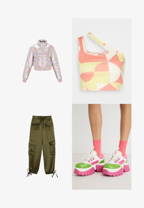 Afskåret, iriserende pufferjakke med høj krave, frontlynlås og to brystlommer. Blød, polstret tekstur med ribbede manchetter.; Noisy May CROSS NECK CROP - Top - eggnog/pale lime yellow/sun kissed coral; Olivenfarvede cargo bukser lavet af glat stof, med to frontlommer, justerbar talje bånd og elastiske manchetter med snore ved anklerne.; Chunky sneakers med en blank grøn og hvid overdel, pink detaljer og en struktureret pinkprikket sål. Båret med lyserøde strømper.
