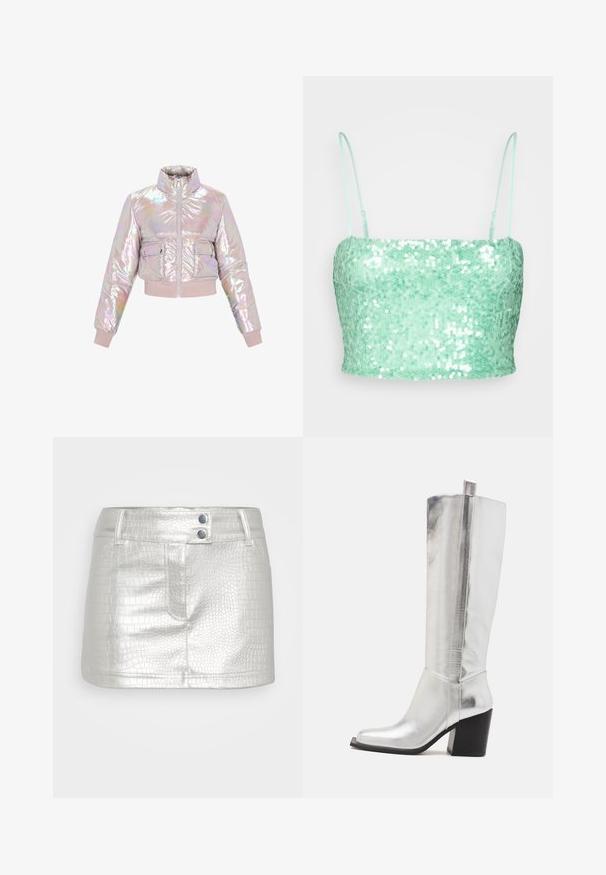 Lühendatud, iridessentne puhvjakas, millel on kõrge krae, eesmine tõmblukk ja kaks rinnaäppi. Pehme, polsterdatud tekstuur koos sooniliste mansettidega.; Gina Tricot CROP - Topp - light green; Hõbe, kunstnahast seelik, millel on tekstureeritud krokodillimuster, kahe sinise nööbi aktsendiga ja kitsa lõikega.; Knee-high hõbedased nahast saapad, millel on ruudu kuju varvas ja mida rõhutab läikiv metallviimistlus ning vastupidav must plokkkonts.