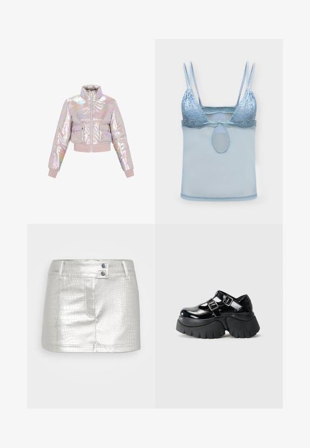 Gekürzte, irisierende Pufferjacke mit hohem Kragen, Frontreißverschluss und zwei Brusttaschen. Weiche, gepolsterte Textur mit gerippten Bündchen.; Hellblauer Spitzen-Bralette mit doppelten dünnen Schulterträgern und Mesh-Stoff unter der Brust, mit einem kleinen ovalen Ausschnitt in der Mitte.; Silberner, Kunstlederrock mit strukturiertem Krokodilmuster, ausgestattet mit zwei blauen Knopfakzenten und einem figurschmeichelnden Design.; Schwarze Lackleder-Plateauschuhe mit zwei verstellbaren Schnallen, dickem Gummisohle und Ausschnittdesign auf der Oberseite.