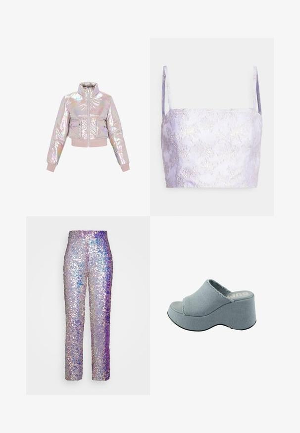 Gekürzte, irisierende Pufferjacke mit hohem Kragen, Frontreißverschluss und zwei Brusttaschen. Weiche, gepolsterte Textur mit gerippten Bündchen.; Monki Top - lilac; VACLAV IRRIDESCENT SEQUIN PANTS - Stoffhose - purple; Helleblaue Plattform-Sandale mit ausgefranstem Obermaterial, offenem Zehendesign, dicker, gerundeter Sohle und strukturiertem grauem Laufsohlen.
