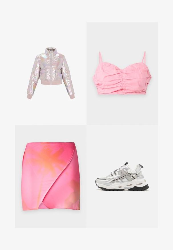 Gekürzte, irisierende Pufferjacke mit hohem Kragen, Frontreißverschluss und zwei Brusttaschen. Weiche, gepolsterte Textur mit gerippten Bündchen.; Rosa geraffte Cropped-Top mit dünnen Trägern, das über einen Herzausschnitt und eine glatte Stofftextur verfügt. Keine Verzierungen oder Muster.; Rosa Farbverlauf Wickelrock aus glattem, elastischem Stoff mit einem Ombre-Effekt von lebhaftem Rosa zu sanftem Orange. Schlichtes Bunddesign.; Weißer und grauer Sportschuh aus Mesh und synthetischen Materialien, dicke Sohle, auffälliges schwarzes Profil und Schnürdesign mit Akzenten.