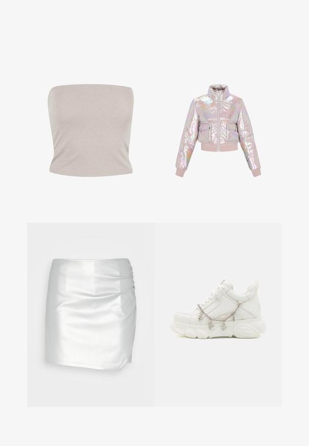 Geknipte, iriserende pufferjack met een hoge kraag, een ritssluiting aan de voorkant en twee borstzakken. Zachte, gewatteerde textuur met geribbelde manchetten.; Bandeau-top in lichtbeige breigaren met subtiele glans, met een aansluitend ontwerp en een zachte textuur, met een rechte halslijn.; Even&Odd Shorts - silver; Witte sneakers met een dikke zool, een gestructureerde leren bovenkant en een decoratieve metalen ketting met bedels. Voorzien van vetersluiting en een gevoerd kraagje.