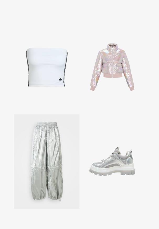 Geknipte, iriserende pufferjack met een hoge kraag, een ritssluiting aan de voorkant en twee borstzakken. Zachte, gewatteerde textuur met geribbelde manchetten.; Witte strapless crop top van gladde stof, met zwarte zijkanten en een klein zwart logo aan de zoom. Eenvoudig ontwerp, zonder patronen.; Zilveren lichtgewicht cargo-broek met een glanzende textuur, elastische tailleband, gebonden manchetten en twee grote zijzakken.; Sneaker met chunky zool in zilver met mesh panelen, gevoerde kraag, vetersluiting en een lus bij de hiel, gezien van opzij.