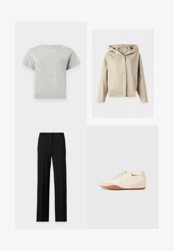 Veste beige à capuche avec boutons-pression à l'avant et deux poches latérales, présentée sur un fond blanc.; T-shirt gris clair à manches courtes, col rond, ourlet droit et tissu doux et texturé.; Pantalon habillé noir à coupe droite avec passants pour ceinture et un pli sur le devant de chaque jambe, sur un fond clair uni.; Baskets beige clair avec une tige en cuir texturé, des panneaux latéraux texturés et une semelle en caoutchouc. Dotées d'un design fin et épuré ainsi que de lacets plats.