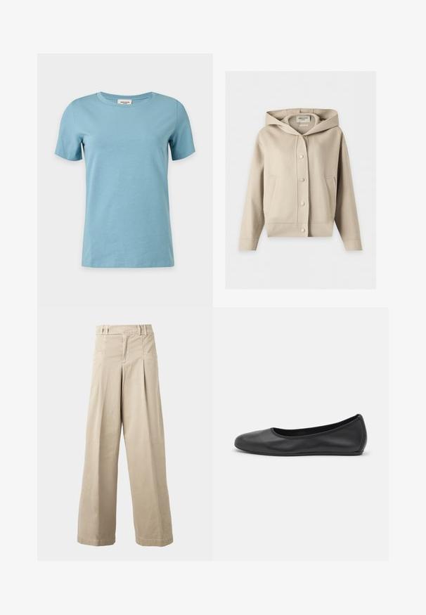 Veste beige à capuche avec boutons-pression à l'avant et deux poches latérales, présentée sur un fond blanc.; T-shirt bleu clair à manches courtes et col rond avec un design simple et uni, présenté sur fond blanc.; Pantalon beige taille haute à jambes larges avec passants de ceinture, plis à l’avant et poches latérales, présenté sur un fond clair uni.; Ballerines en cuir noir avec un bout rond, texture lisse, détails de couture minimalistes et design de semelle flexible.
