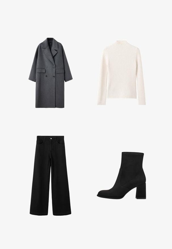 Lange donkergrijze wollen jas met brede revers, dubbelgeknoopte zwarte knopen en twee voorvakken met klep, afgebeeld op een witte achtergrond.; Geribbelde coltrui in off-white, gemaakt van zachte gebreide stof. Heeft lange mouwen en een aansluitend silhouet.; Zwart denim met wijde pijpen en een hoge taille, voorzien van steekzakken aan de voorkant, een knoopsluiting en een gladde, onbeschadigde textuur.; Zwarte enkellaarsjes met een blokhak, gemaakt van zacht suede. Kenmerkt zich door een ronde neus en gladde zijpanelen met stikdetails.