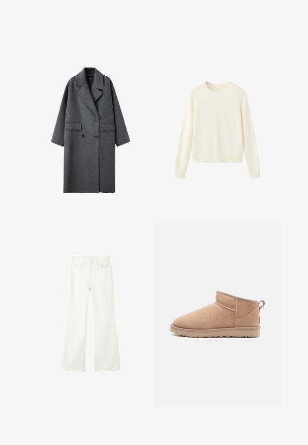 Long manteau en laine gris foncé avec larges revers, boutons noirs à double boutonnage et deux poches avant à rabat, présenté sur fond blanc.; Pull à col rond manches longues couleur crème avec poignets et ourlet côtelés, présenté sur fond blanc.; Pantalon blanc taille haute avec jambes évasées, bouton et fermeture éclair à l'avant, et deux poches à rabat avec boutons à la taille devant.; Botte de cheville en daim beige avec un bout arrondi, une texture douce, un design simple et une semelle en caoutchouc à profil bas. Dispose d'une languette à l'arrière.