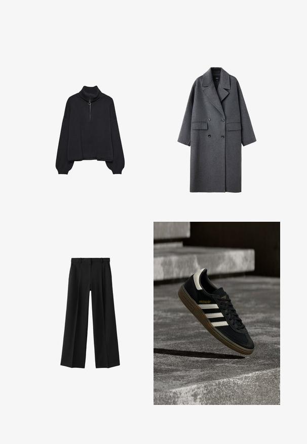 Lang mørkegrå uldfrakke med brede revers, dobbeltradede sorte knapper og to forlommer med klap, vist på hvid baggrund.; Sort højhalset sweater med halv lynlås foran, oversized ærmer og blød tekstur. Har ribbet krave og kant. Minimalistisk design.; Sorte bukser med vide ben, bæltestropper og forlommer, vist fladt mod en hvid baggrund.; Sort Adidas-sneaker med hvide striber og gummisåler, svævende over grå betontrapper i naturligt lys.