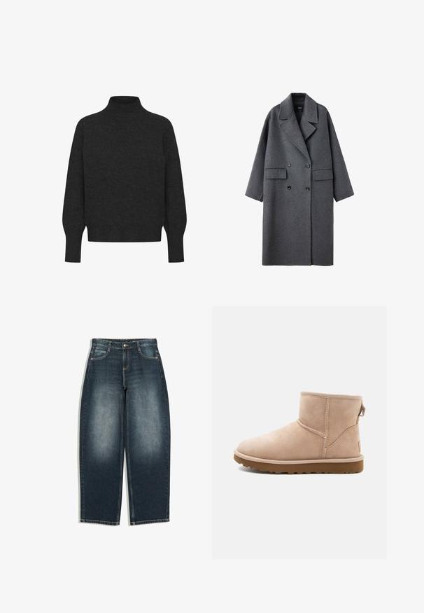 Long manteau en laine gris foncé avec larges revers, boutons noirs à double boutonnage et deux poches avant à rabat, présenté sur fond blanc.; Pull à col roulé gris foncé, fabriqué en matière tricotée douce. Il présente des poignets et un ourlet côtelés, avec une coupe décontractée et un design minimaliste.; Jean bleu foncé à jambes larges avec légère décoloration sur l’avant des cuisses, cinq poches, fermeture par bouton et passants de ceinture, présenté à plat sur fond blanc.; Bottine en daim beige à bout arrondi, avec des accents cousus et une semelle en caoutchouc brun texturé. Elle se distingue par une languette à l'arrière.