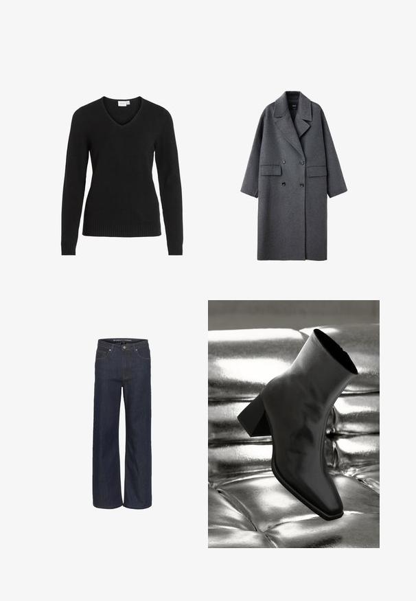 Abrigo largo de lana gris oscuro con solapas anchas, botones negros de doble fila y dos bolsillos delanteros con solapa, exhibido sobre fondo blanco.; Sudadera negra de cuello en V, hecha de un tejido suave, con mangas largas, dobladillo y puños acanalados, y un diseño simple y clásico.; Jeans de mezclilla oscura de pierna ancha con cintura alta, que cuentan con cinco bolsillos, costuras en contraste y un dobladillo sin terminar en la parte inferior.; Botín negro de tobillo hecho de material brillante, con punta cuadrada y tacón cónico, contra un fondo plateado brillante con almohadillado.