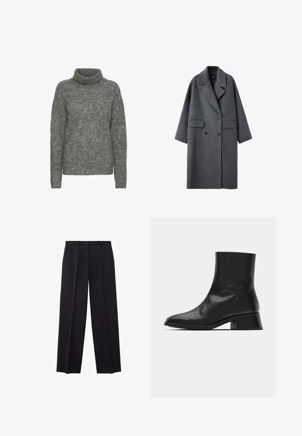 Lang mørkegrå uldfrakke med brede revers, dobbeltradede sorte knapper og to forlommer med klap, vist på hvid baggrund.; Grå turtleneck sweater lavet af blødt strikmateriale, med en afslappet pasform og lange ærmer med en subtil tekstur hele vejen igennem.; Sorte skræddersyede bukser med lige ben, bæltestropper og sidelommer, designet til formelt eller kontorbrug.; Sort ankelstøvle lavet af blank læder, med et strømlinet design, spids tå og en moderat blokhælhøjde for stabilitet.